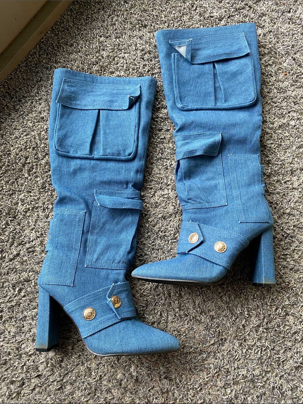 Blue Denim Knee-High Block Heel Boots - Women's Size 7